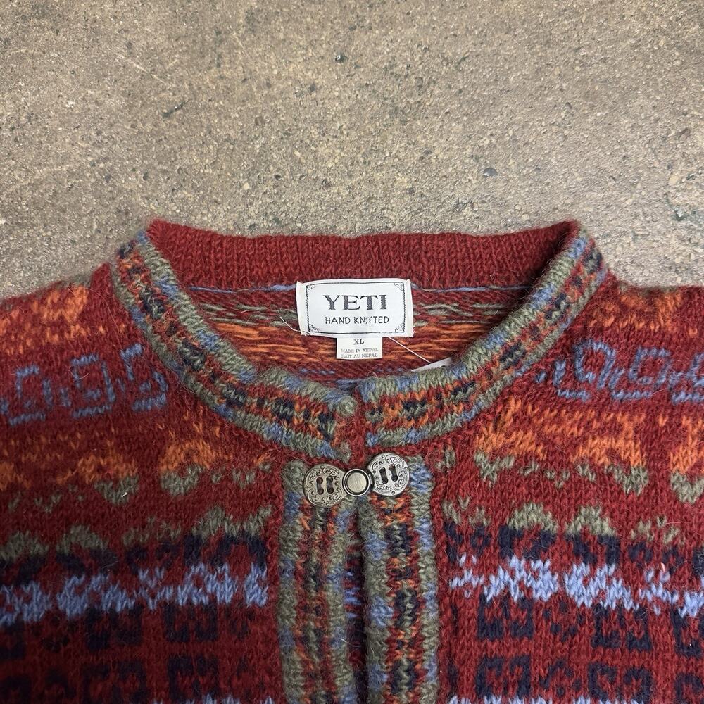 Yeti Hand Knitted Nepal XL Cardigan Red Geometric Fair Isle Boho Wool Blend - Picture 3 of 7